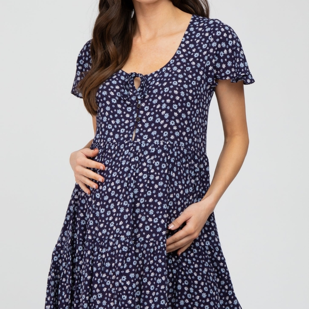 Navy Floral Button Front Tie Maternity Dress